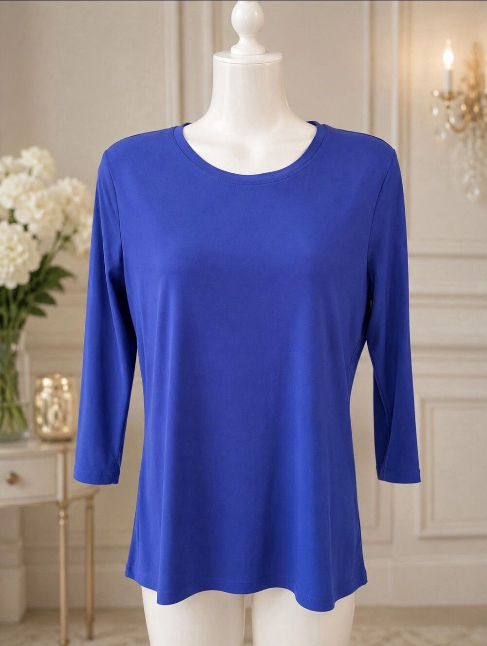 Compliments Women’s Royal Blue 3/4 Sleeve Stretch Knit Top Size S 36” Bust 23” L